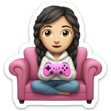 White girl with dark hair wrapped up in a blanket sitting on a couch with a pink gaming controller in her hands sticker