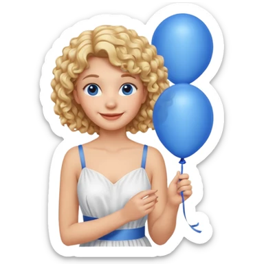 Woman curly blonde with blue balloon, white dress sticker