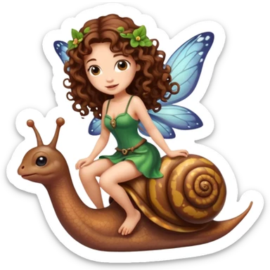 cute fairy woman long curly brown hair tattoos riding tiny snail sticker
