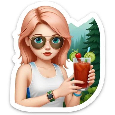 girl with long pig tailed hair
with blue eyes
and aviator sunglasses
wearing white tank top 
holding bloody mary
wearing (rose gold apple watch with forest green band) sticker