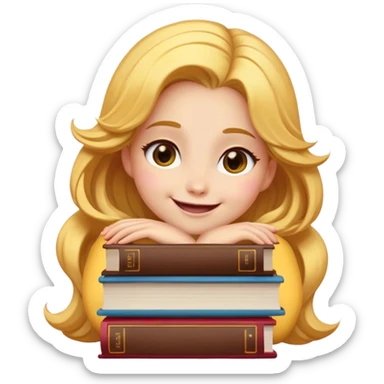 Cinematic Adorable Belle Portrait Emoji, Giggling as she hugs a stack of books, eyes twinkling with excitement, golden hair tousled slightly, a perfect mix of beauty and endearing nerdiness! sticker