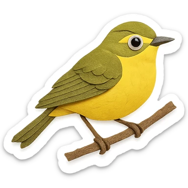 New World warbler on a branch, layered paper details, bright yellow and olive plumage, expressive eye, naturalistic pose sticker