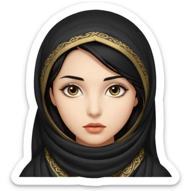 Apariencia: Mujer joven, morena, de gran belleza y porte misterioso.
-Rostro: Ojos grandes y negros, mirada intensa y fija; labios marcados.
-Cabello: Negro, largo y brillante, suele ir cubierto parcialmente por un velo o pañuelo oriental. Cuerpo conpleto sticker