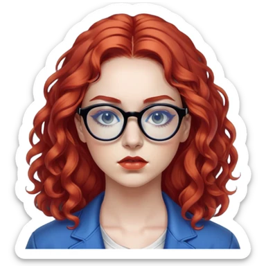 Nữ 25 tuổi, da trắng, tóc dài xoăn nhẹ màu đỏ, gọng kính màu đen, mắt kính màu xanh dương , mặt nghiêm túc, lông mi dài, trang điểm khá đậm, áo phong cách hiphop sticker
