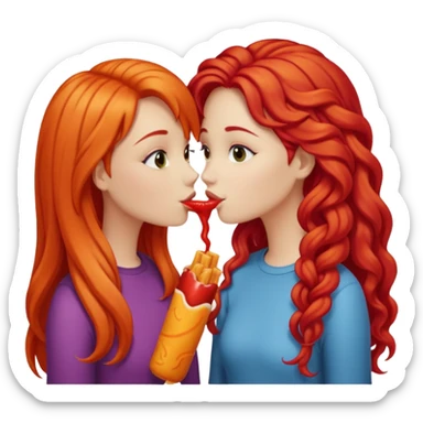 two girls kissing, one with long straight hot cheeto  red hair, the other with long curly blonde hair sticker