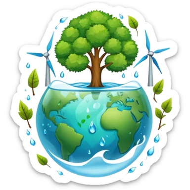 An icon featuring a green Earth, a tree, and recycling symbols, symbolizing ecology. The design includes animals, water droplets, and wind turbines, representing the study of ecosystems, conservation, and environmental protection. Transparent background. sticker