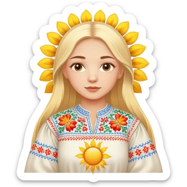 Ukrainian young girl with blonde hair wearing traditional vyshyvanka embroidered shirt holding a bright sun sticker