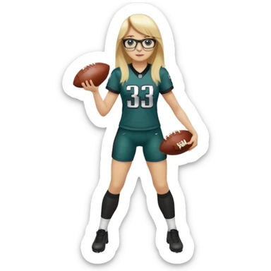 full length women wearing eagles uniform, long blonde hair, straight bangs, black glasses, holding football, number 33 sticker