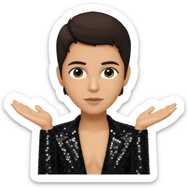 Frankie Zulferino, Pop Singer (b.1990) with dark brown hair, black sequin outfit, light tan skin sticker