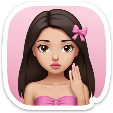 girl with lighter skin, dark brown long straight hair falling in front of her body, pouty shiny lips without cupid's bow, large eyes, lighter button nose, long oval-shaped face, wearing a pink bandeau top with straight neckline, looking directly at camera with hands down at sides sticker