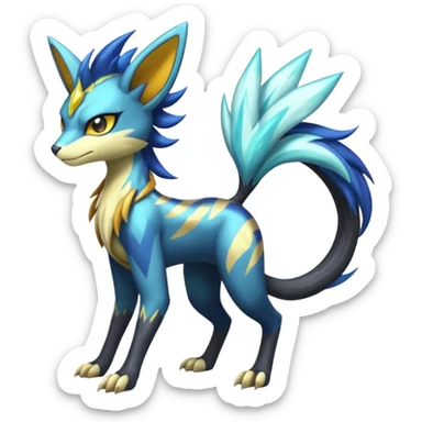 Shiny colorful exotic Feral Scaly Striking Slaying Badass Evil Handsome Lightning-patterned Zig-zagged buzzy fuzzy Meloetta-Renamon-Luxray-Cobalion-Suicune-Vernid-fusion-hybrid-creature, full body  sticker