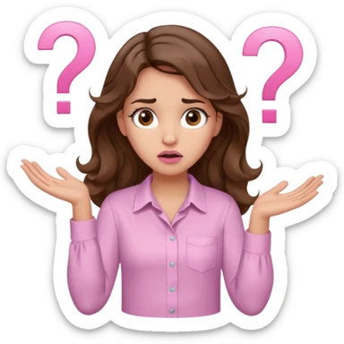 girl with wavy long brown hair, brown eyes, light to medium complexion, long lashes, light pink lipstick, wearing light pink shirt, shrugging with both hands, confused, question mark sticker