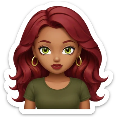 a pretty fair bratz girl with wavy dark red hair, wearing a black tee. eyeliner on, olive green eyes. Till stomach sticker