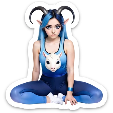 Disapponted-big tears-head back texting on phone-very very large upper body-sexy face-bending forward at waist-very long very straight dark blue to light blue ombre hair-and-blue eyes-thick black eyeliner-cute goat horns-iridescent blue lowcut tanktop with black leggings with glitter superman logo sticker