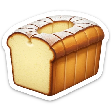 slice of pound cake with powdered sugar sticker