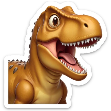 Cinematic Comical T-rex Portrait Emoji, Head tilted dramatically with an exaggeratedly shocked expression, featuring its iconic massive head, tiny comically expressive arms, and wide, playful eyes full of humorous disbelief, Simplified yet hilariously expressive features, highly detailed, glowing with a slightly sassy prehistoric glow, high shine, dramatic yet playful, stylized with an air of cheeky dinosaur mischief, soft glowing outline, capturing the essence of a meme-worthy T-rex that looks ready to side-eye its way into viral fame! sticker