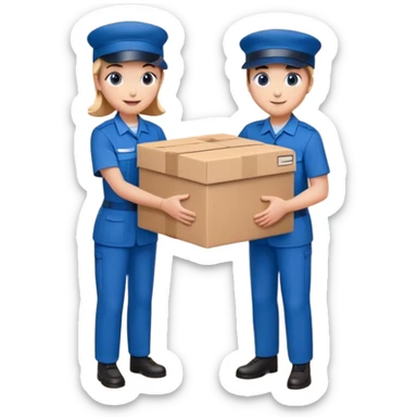 two suppliers in blue uniforms and caps holding a big box together, different pose sticker