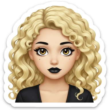 split dye leftside blonde rightside black hair, baddie, pretty makeup, black eyeliner, long and curly hair sticker