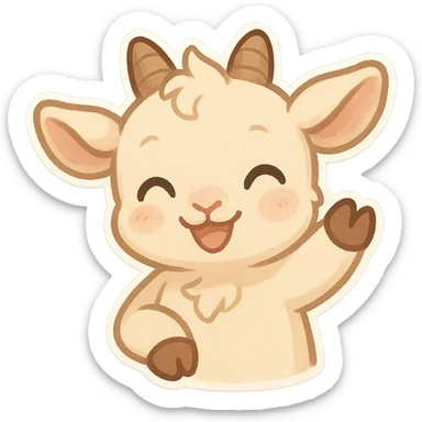 Chibi baby goat with a joyful expression, waving hello with one hoof, simple clean chibi stickers style, designed for a small emote, white background. sticker