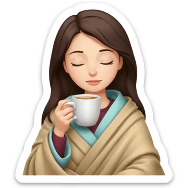 relaxed brunette girl wrapped in a blanket, sipping coffee, eyes closed sticker