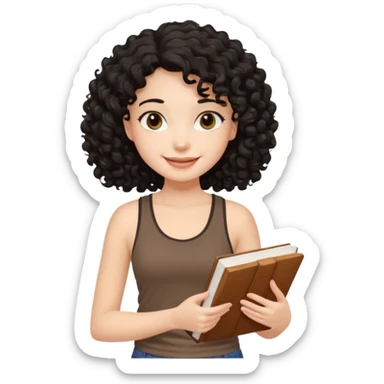 a pretty bratz fair girl with black curly hair in a brown tank top holding a book sticker