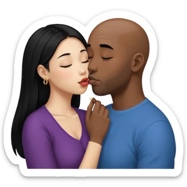 Bald black man with short beard deeply kissing, tonguing each other with open mouth. She is a shorter younger looking asain women. She has long black hair down to her elbows and a nose ring sticker
