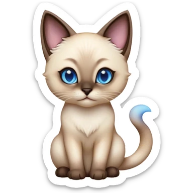 Cinematic Cute Siamese Cat Portrait Emoji, slender body, soft cream-colored fur with rich dark points on the ears, face, paws, and tail, big, sparkling sapphire-blue eyes, Simplified yet irresistibly adorable features, highly detailed, glowing with a warm, cozy glow, high shine, curious yet calm, stylized with a touch of whimsy, bright and endearing, soft glowing outline, capturing the essence of a mischievous yet lazy and loveable kitty, so cuddly it feels like it could waddle right out of the screen for a snuggle! sticker