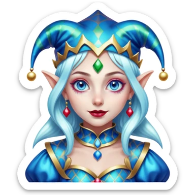 Cinematic chibi style girl in dressed like a Jester, very large glistening blue eyes, Ultra realistic 32k HD, Breathtaking piece of art, rim lighting, hauntingly beautiful art, vibrant colors, Balanced features, highly detailed digital artwork, glowing with silver light, glowing, high shine, deviant adoptable, highly detailed clothing, remembrance, a painting of white silver, fanciful, enchanting, ghostly, embodying the essence of both reality and fantasy, dreamy, dreamy glow, optical illusion, immaculate composition, complex pose, air composition. The image is so lifelike that it feels as though it could leap off the canvas at any moment sticker