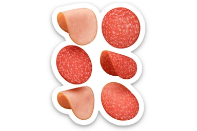 fettine di prosciutto cotto e di salame fluttuano in aria verticalmente, IPERREALISTICA 4K sticker