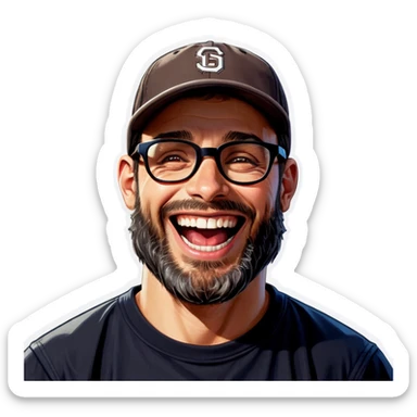 A man with a grey baseball cap, hazel eyes, big dark brown beard and glasses, laughing sticker