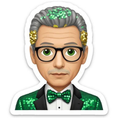 Jeff Goldblum with gray hair, dark green sequin suit with bow tie sticker