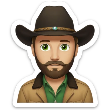 yellowstone dutton ranch cowboy with beard and green eyes, black cowboy hat, black t-shirt and tan jacket sticker