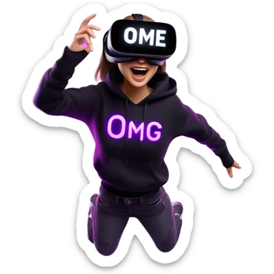 Russian girl wearing black hoody with violet letters "OMG", in vr headset oculus quest2. jumping. Cyberpunk style. Violet neon. sticker