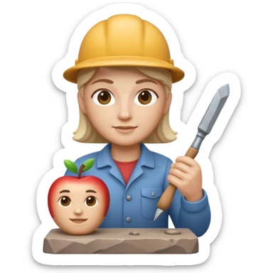 Apple Memoji-style 3D emoji of a sculptor with a small statue and chisel, smooth gradients, rounded edges, no background.during sculpting rock sticker