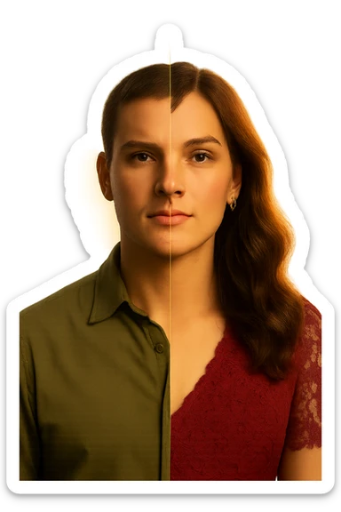 a split image—on the left, a man with short hair and masculine clothing; on the right, the same person with longer hair, makeup, and feminine attire. In the center, a gentle gradient blends the two sides, symbolizing the ongoing process of gender transition. The lighting is warm and the atmosphere is empowering. sticker
