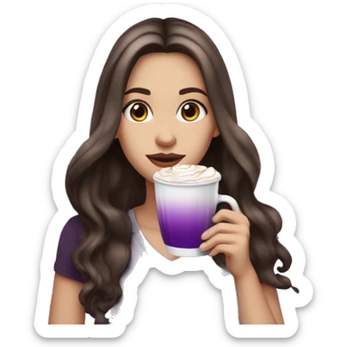 white girl with dark brown long hair with purple ombré at the tips and a hot chocolate sticker