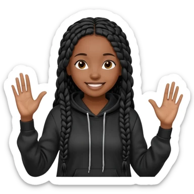 African American girl dark skin complextion long black box braids wearing plain black hoodie with hands raised sticker