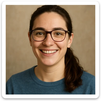 upper body portrait of a person with long pulled back dark brown hair, hazel eyes, and glasses, cheerful sticker