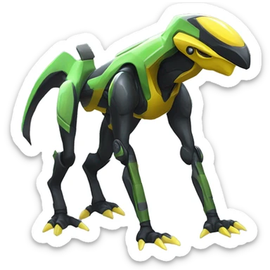 a shiny black-yellow-green Genesect-Raptor-Fakémon—hybrid with a futuristic visor-helmet full body sticker