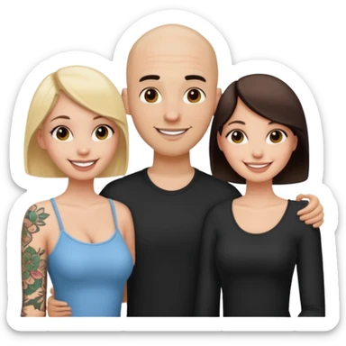 throuple tatted bald boyfriend with blonde girl friend and brunette girlfriend sticker