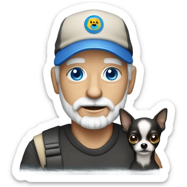 Old man with blue eyes goatee beard ball cap holding black Chihuahua long hair sticker