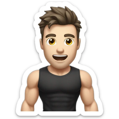 amazed In shock Open with surprise mouth Pale skinned Fit Man With the biceps and dark brown hair in black shirt, gray sports shorts and white Sneakers sticker