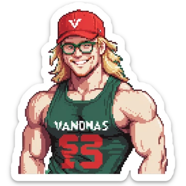 Man with black and white cap that says VANOMAS, bare muscular torso, red shorts, clear glasses, messy blond mullet hairstyle, flexing muscles and smiling sticker