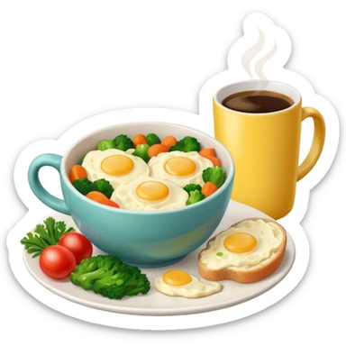 eggs with veggies and one coffee in cute mug on the side sticker