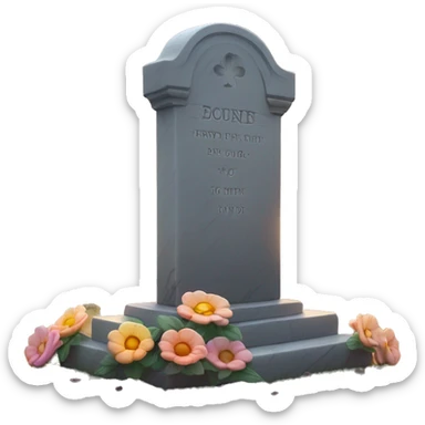 Create an emoji of a glowing headstone with ‘RIP’ engraved, a single flower at its base, and a serene sunset in the background. The mood should be peaceful and respectful, using soft colors to symbolize remembrance sticker