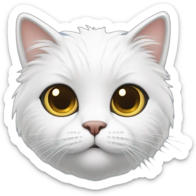 A white furry cat with a questions mark sticker