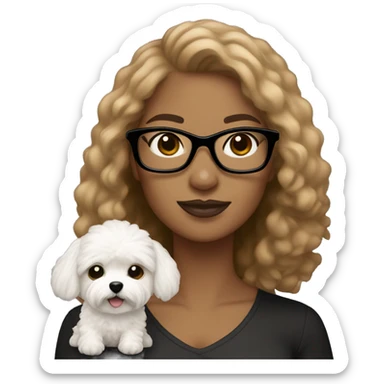 Light brown woman with black glasses holding white MaltiPoo sticker