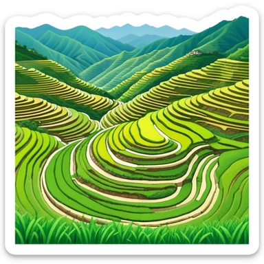 Longji Rice Terraces Guangxi curved farming terraces, simplified emoji style with bold outlines and bright colors, cartoon style layered green fields on mountain sticker