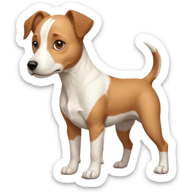 a full body facing front on of a buff white beagle cross jack russell terrier looking dog the size of a kelpie with light brown long ears resting on its face and a light brown patch above one eye and a large snout. the rest of the dog is completely white.  sticker