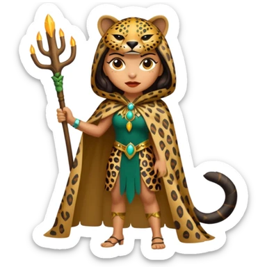 forest sticker character, latina woman dressed as jaguar spirit, spotted cloak, confident stance sticker